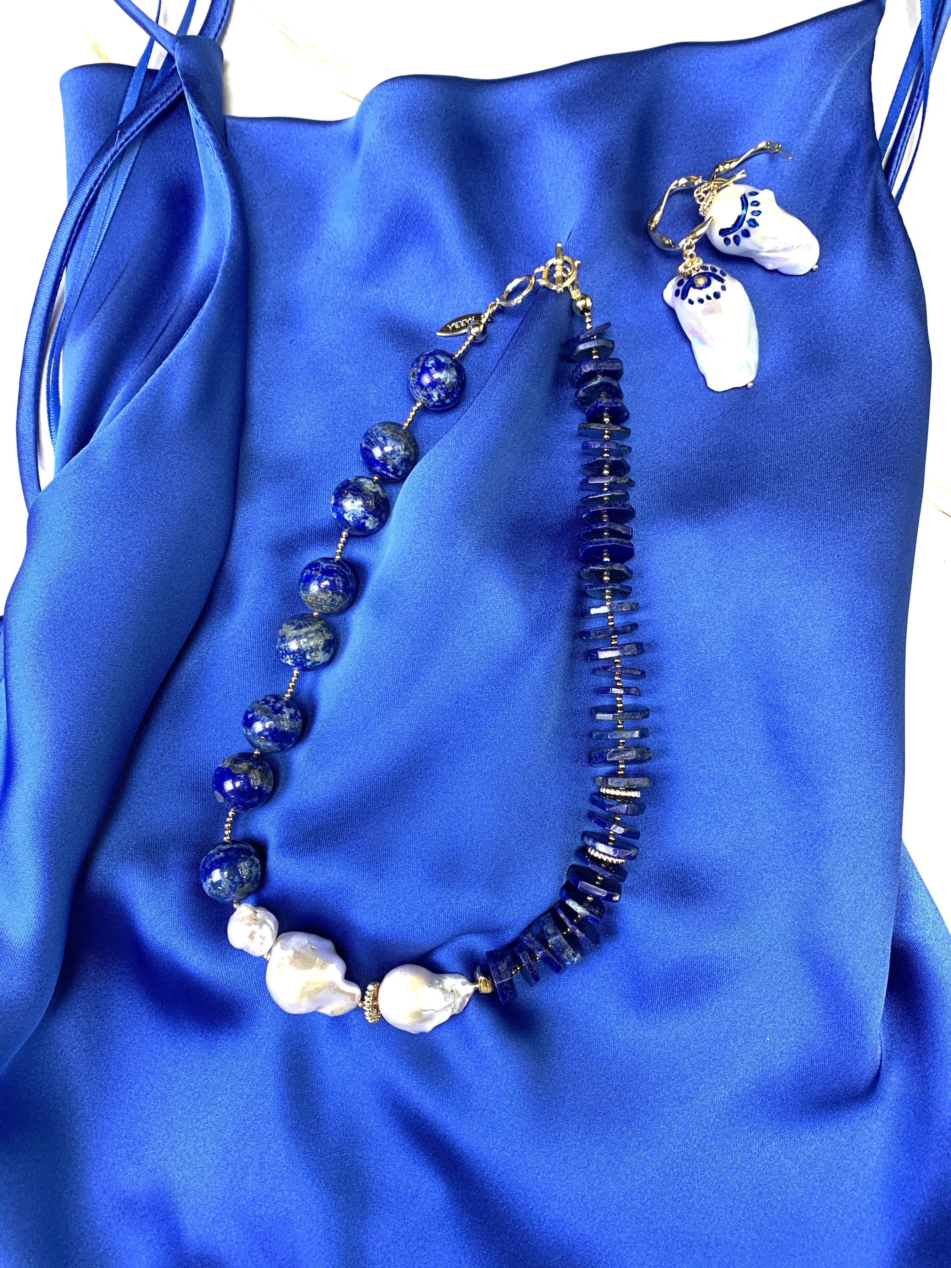 Lapis With Baroque Pearls Stylish Necklace FN009