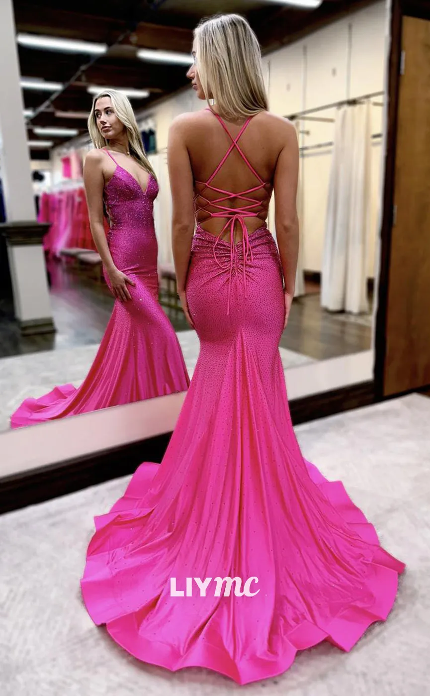 LP1002 - Plunging V Neck Beads Mermiad Long Semi Formal Prom Dress