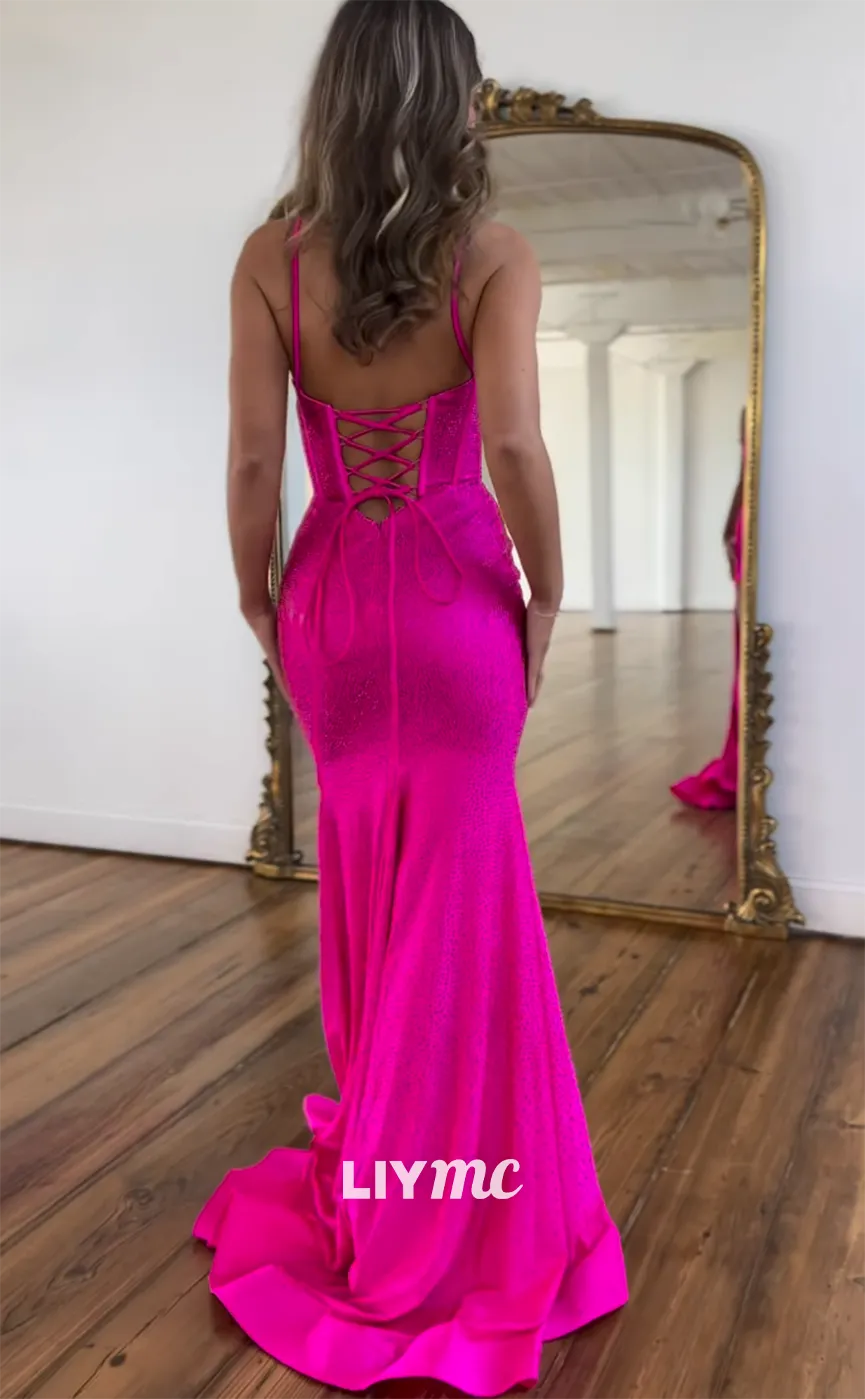 LP1131 - Spaghetti Straps V neck Beads Mermaid Formal Prom Dress with Slit