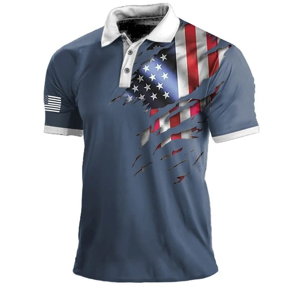 Men's American Flag Print Polo Shirt Sports Outdoor Lapel Short Sleeve Tee | 112