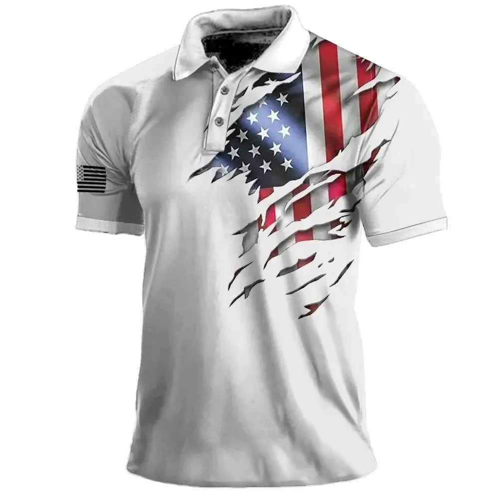 Men's American Flag Print Polo Shirt Sports Outdoor Lapel Short Sleeve Tee | 112