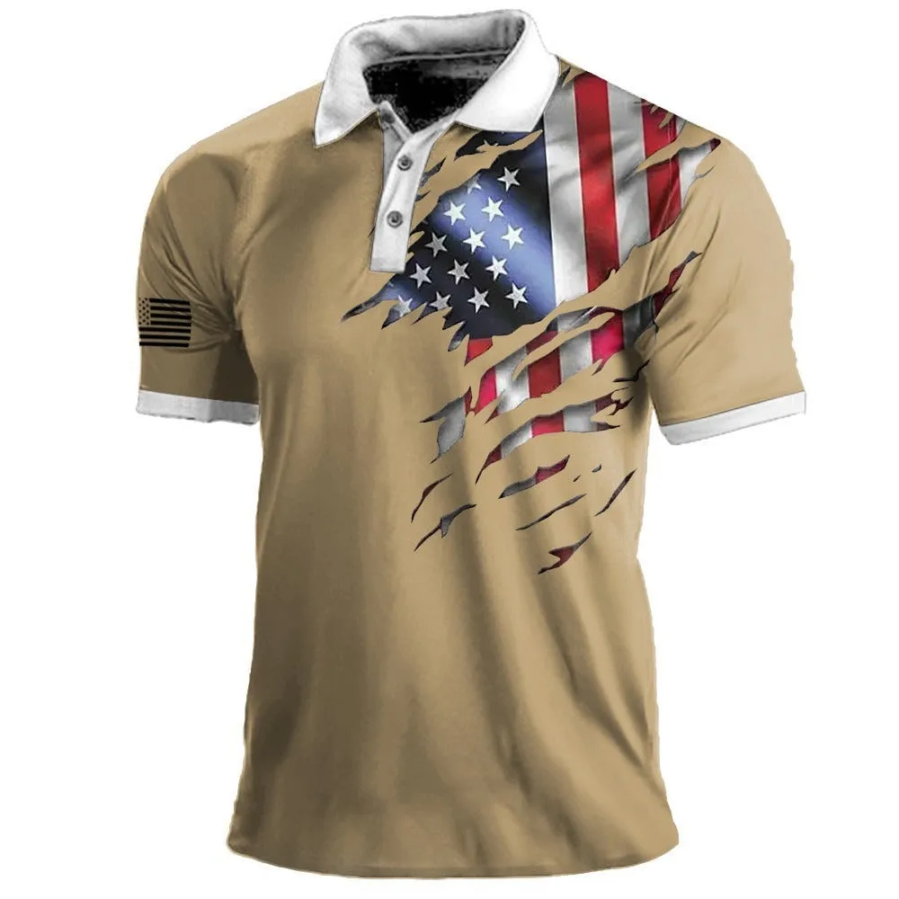 Men's American Flag Print Polo Shirt Sports Outdoor Lapel Short Sleeve Tee | 112