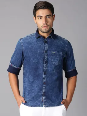 MEN'S BLUE WASHED DENIM SLIM FIT SHIRT