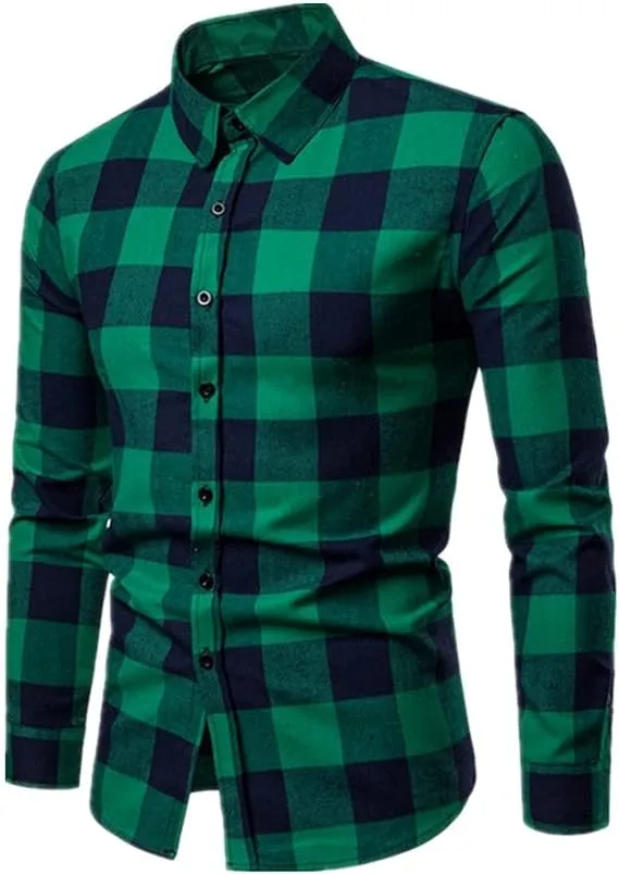 Men's Cotton Plaid Shirt Long Sleeve Regular Fit Casual Button Down Dress Shirts | DTF10