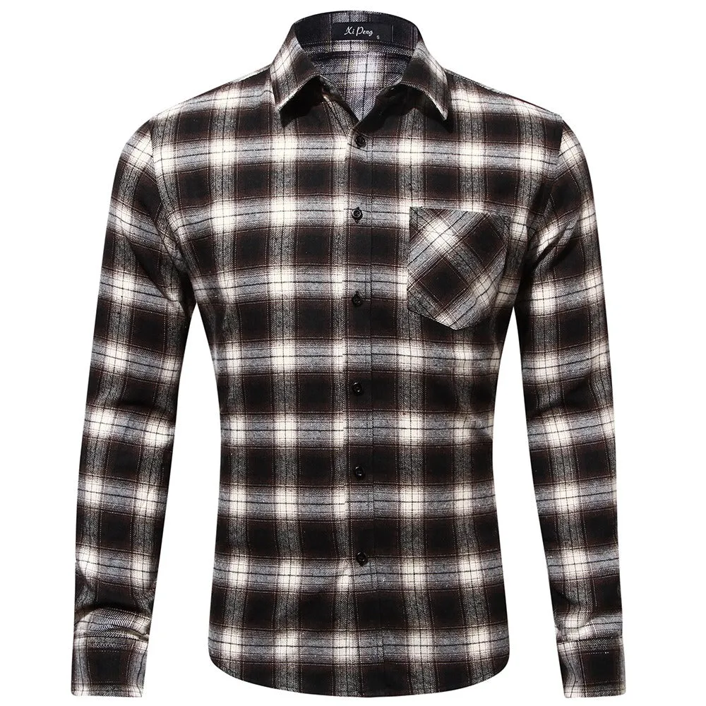 Men's Cotton Plaid Shirt Long Sleeve Regular Fit Casual Button Down Dress Shirts | DTF10