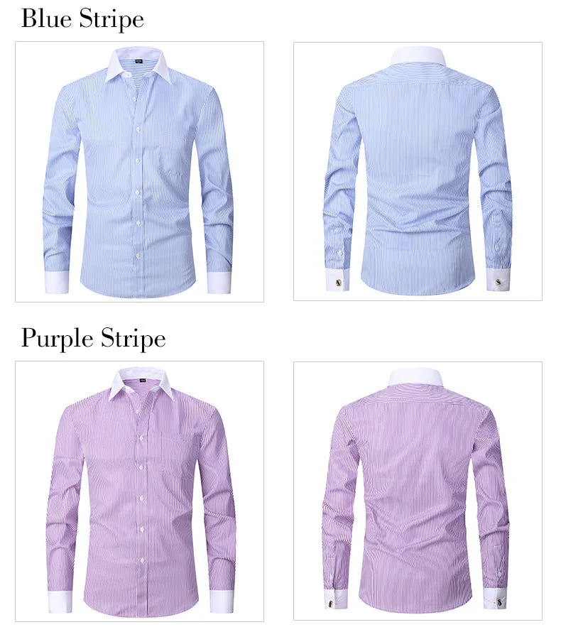 Men's Long Sleeve Shirt Striped Business Solid Color Work Formal Casual Shirt | FS05