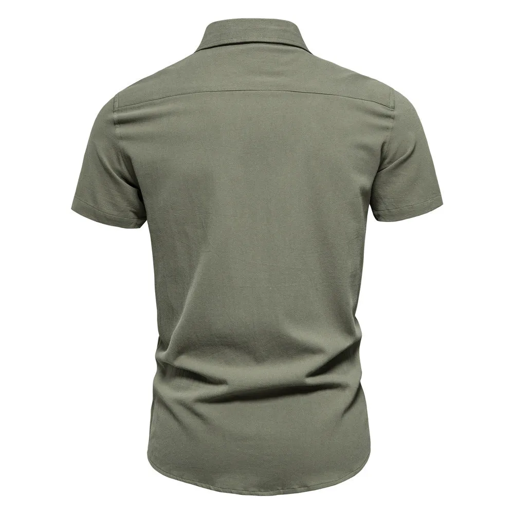 Men's Solid Color Slim Fit Embroidered Short Sleeve Casual Shirt | SH690