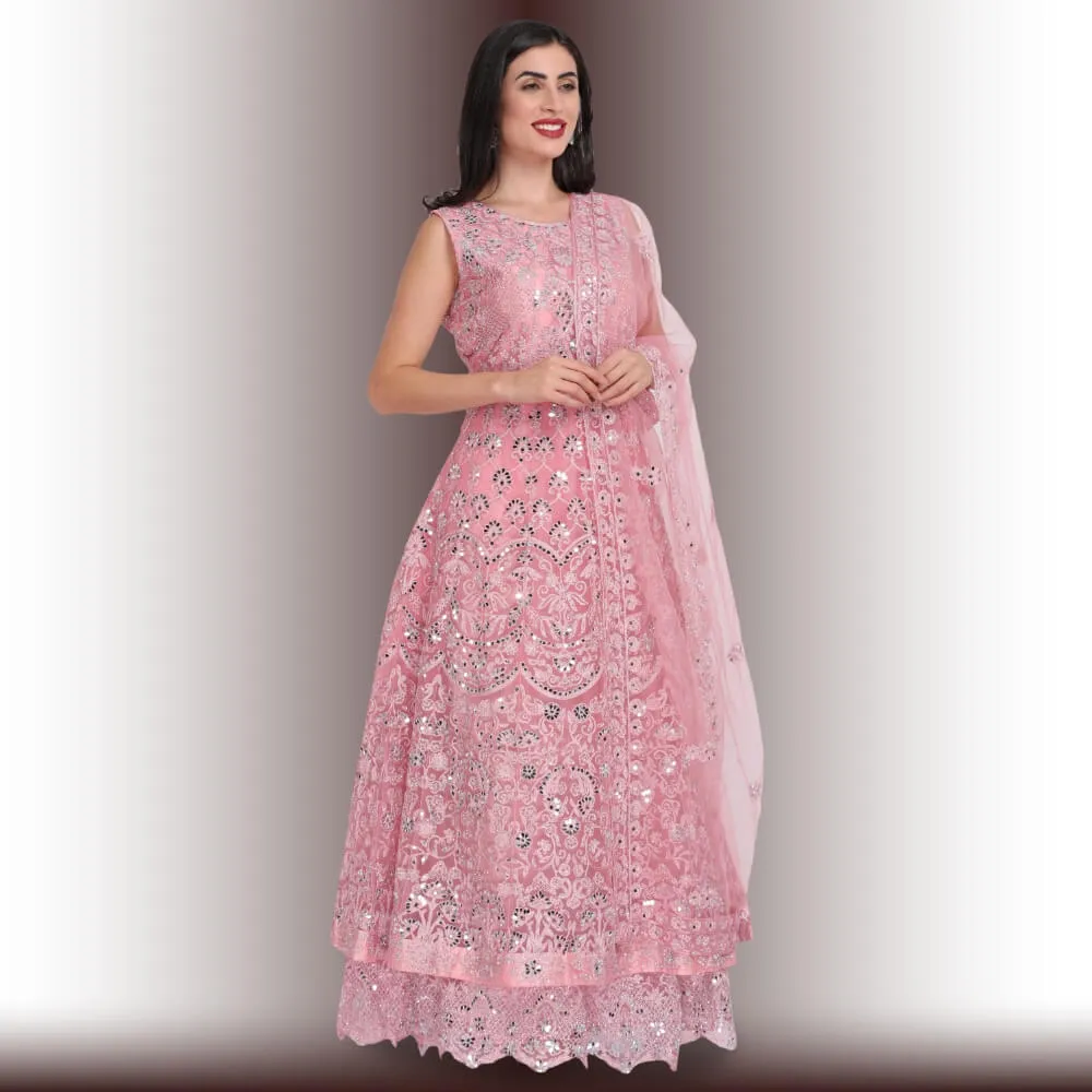 Mirror Work Gown Dress - Baby Pink