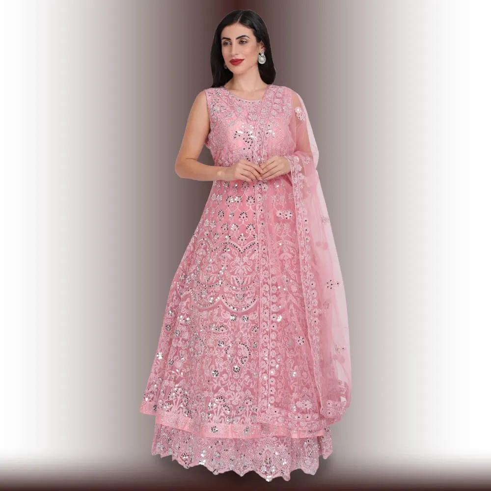 Mirror Work Gown Dress - Baby Pink