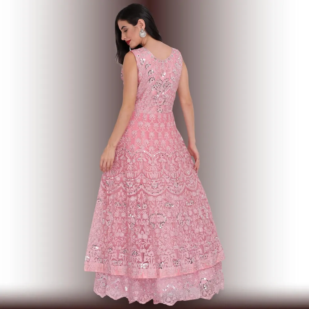 Mirror Work Gown Dress - Baby Pink