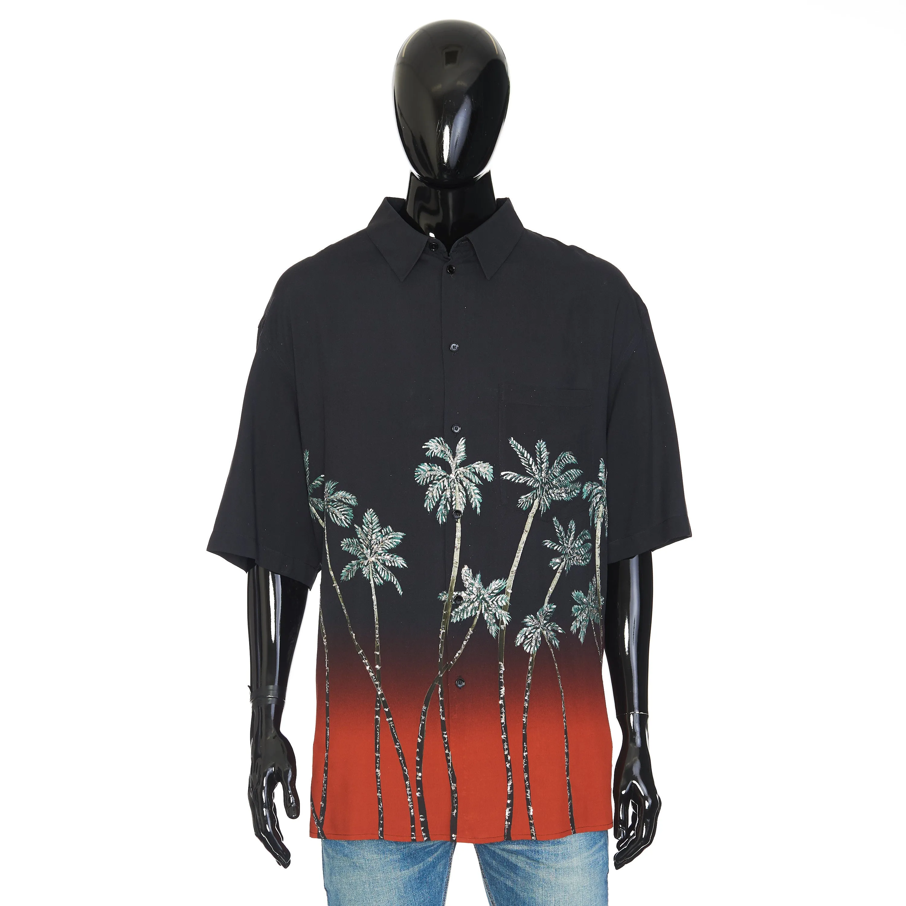 Multicolour Oversized Embroidered Shirt With Sunset Palm Trees Print In Viscose