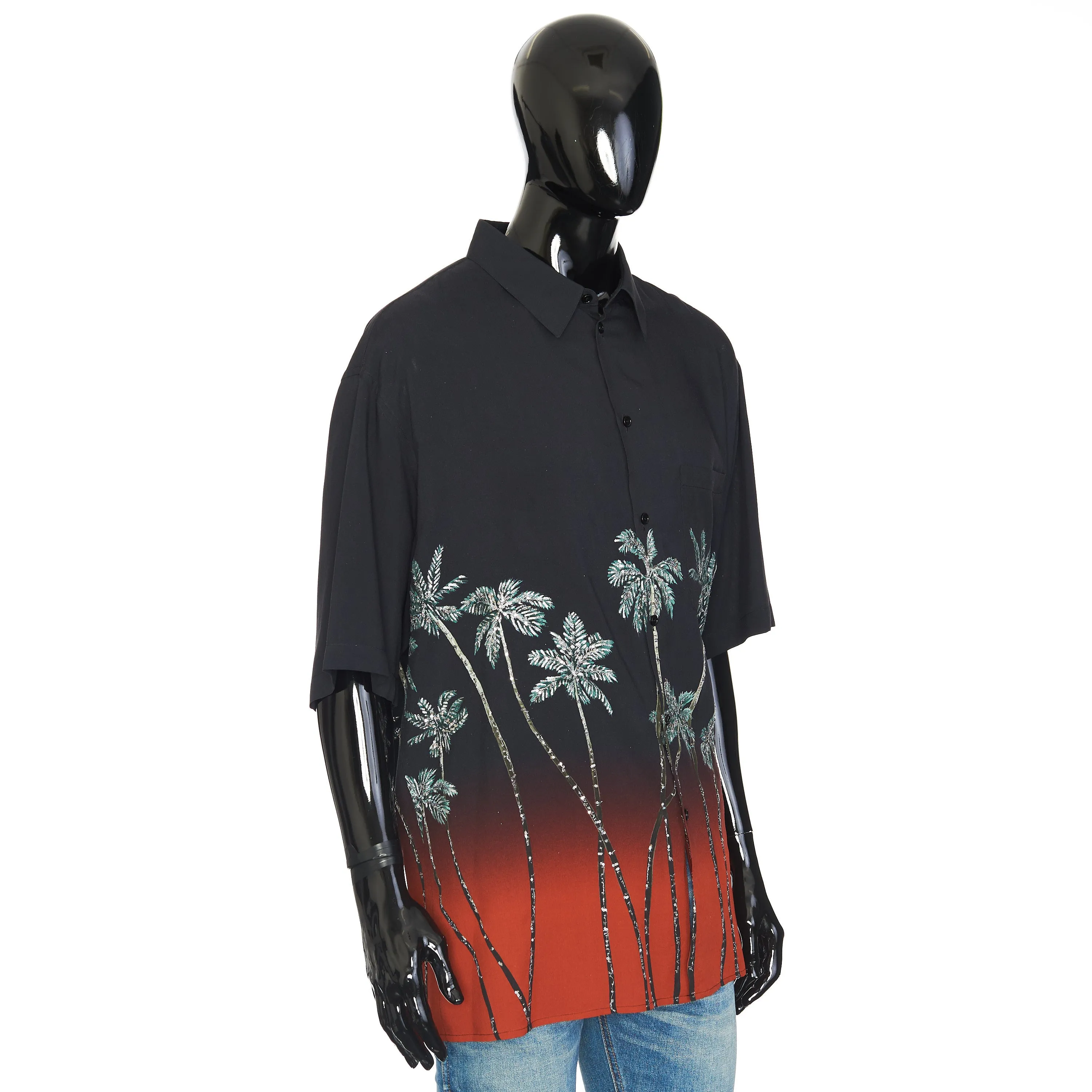 Multicolour Oversized Embroidered Shirt With Sunset Palm Trees Print In Viscose