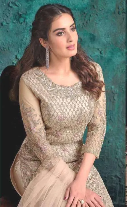 PARTY WEAR DESIGNER SUIT BEIGE NET WITH SATIN WORK