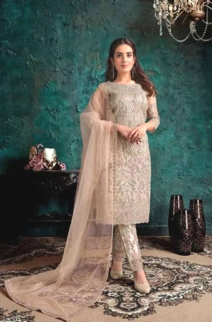 PARTY WEAR DESIGNER SUIT BEIGE NET WITH SATIN WORK