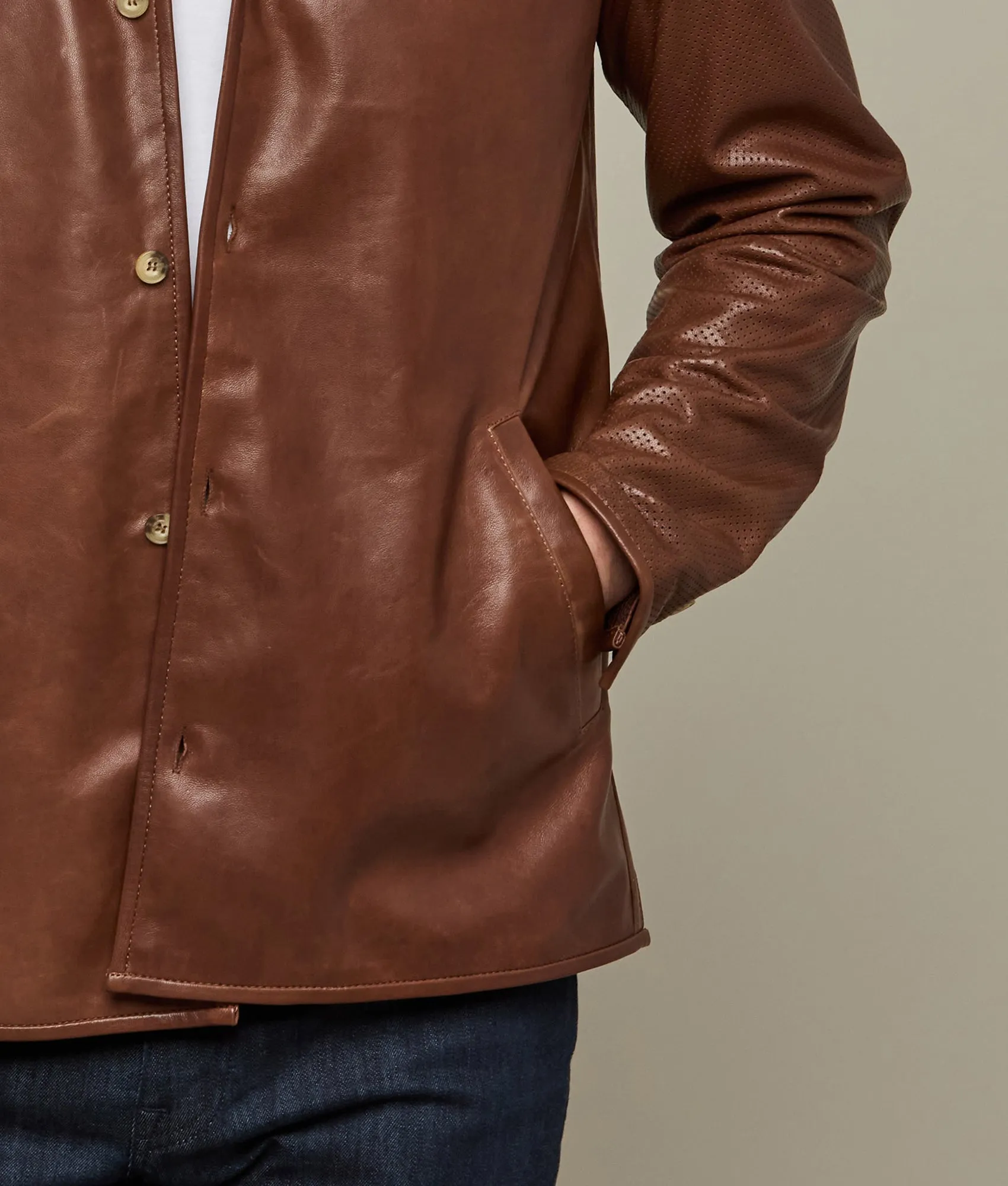 Perforated Lightweight Lambskin Jacket :: Whiskey