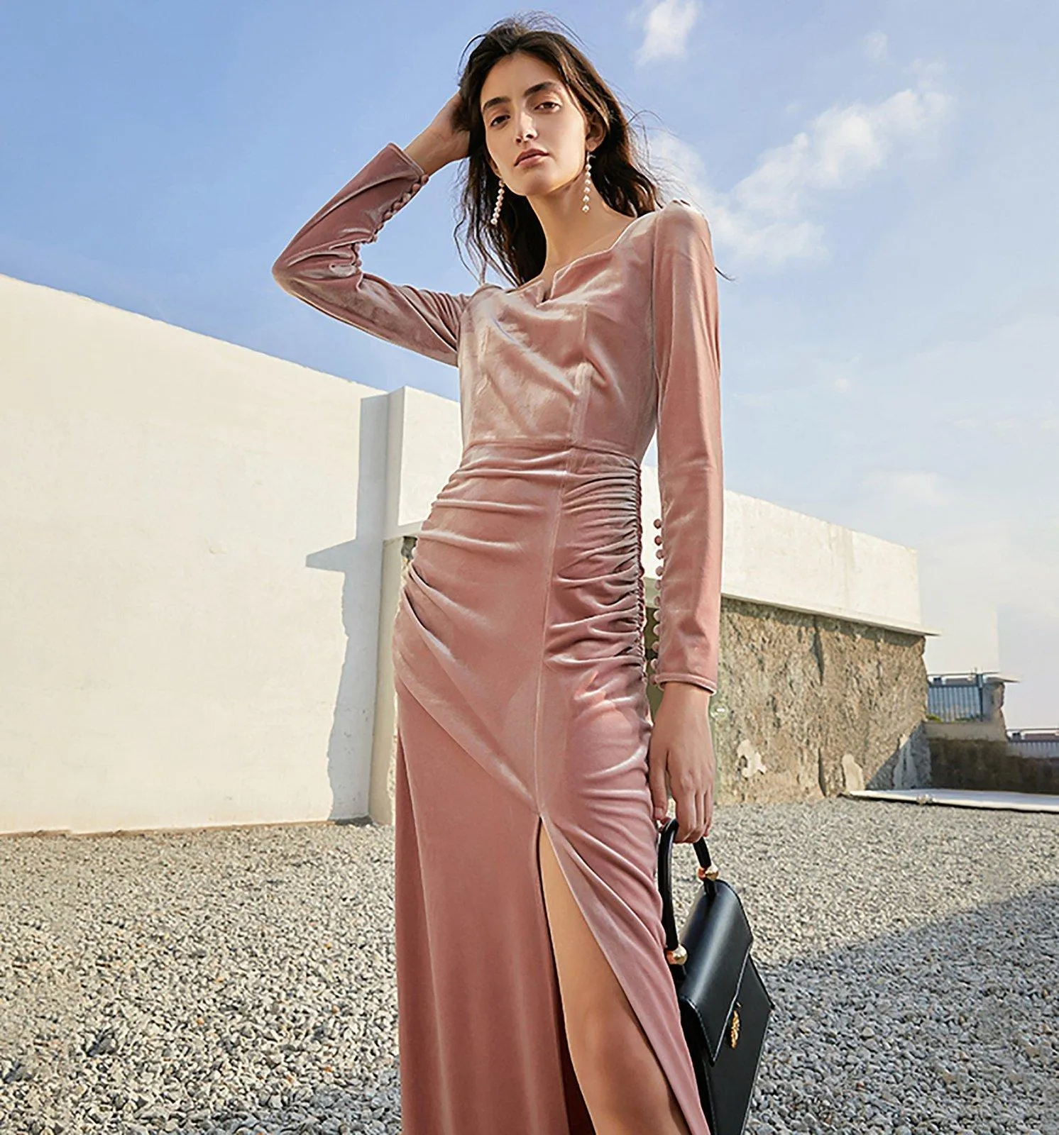 Pink Velvet Long Sleeve Maxi Dress