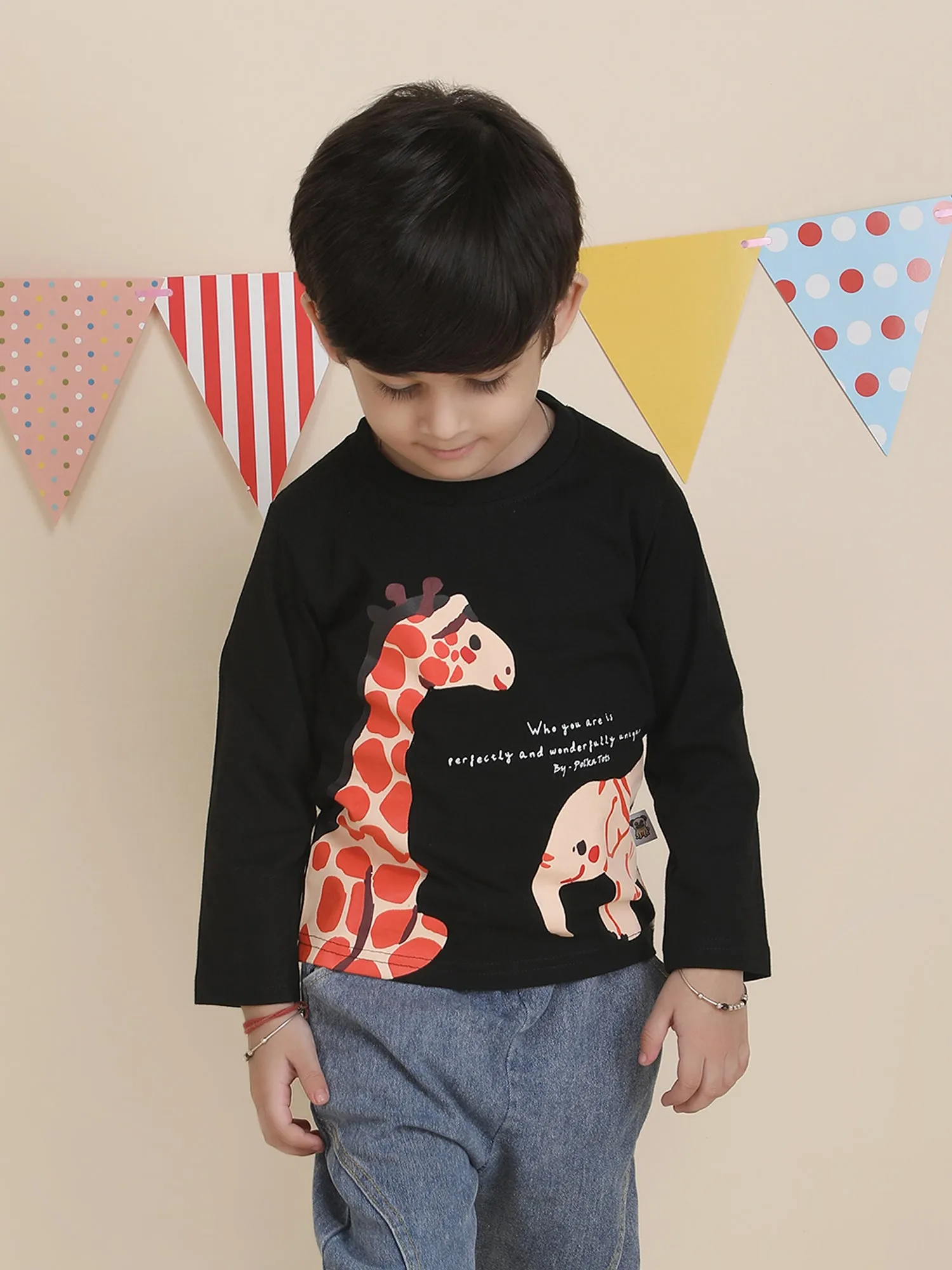 Polka Tots Full Sleeves Animal print T-shirt - Black