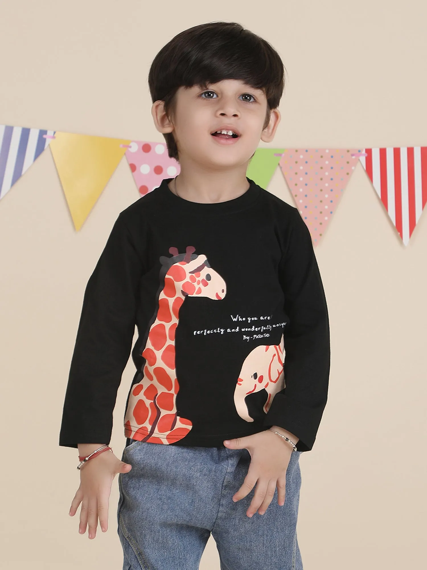 Polka Tots Full Sleeves Animal print T-shirt - Black