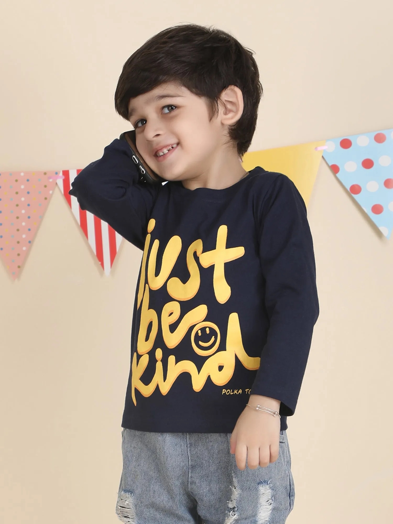 Polka Tots Full Sleeves Just be Kind print T-shirt - Blue