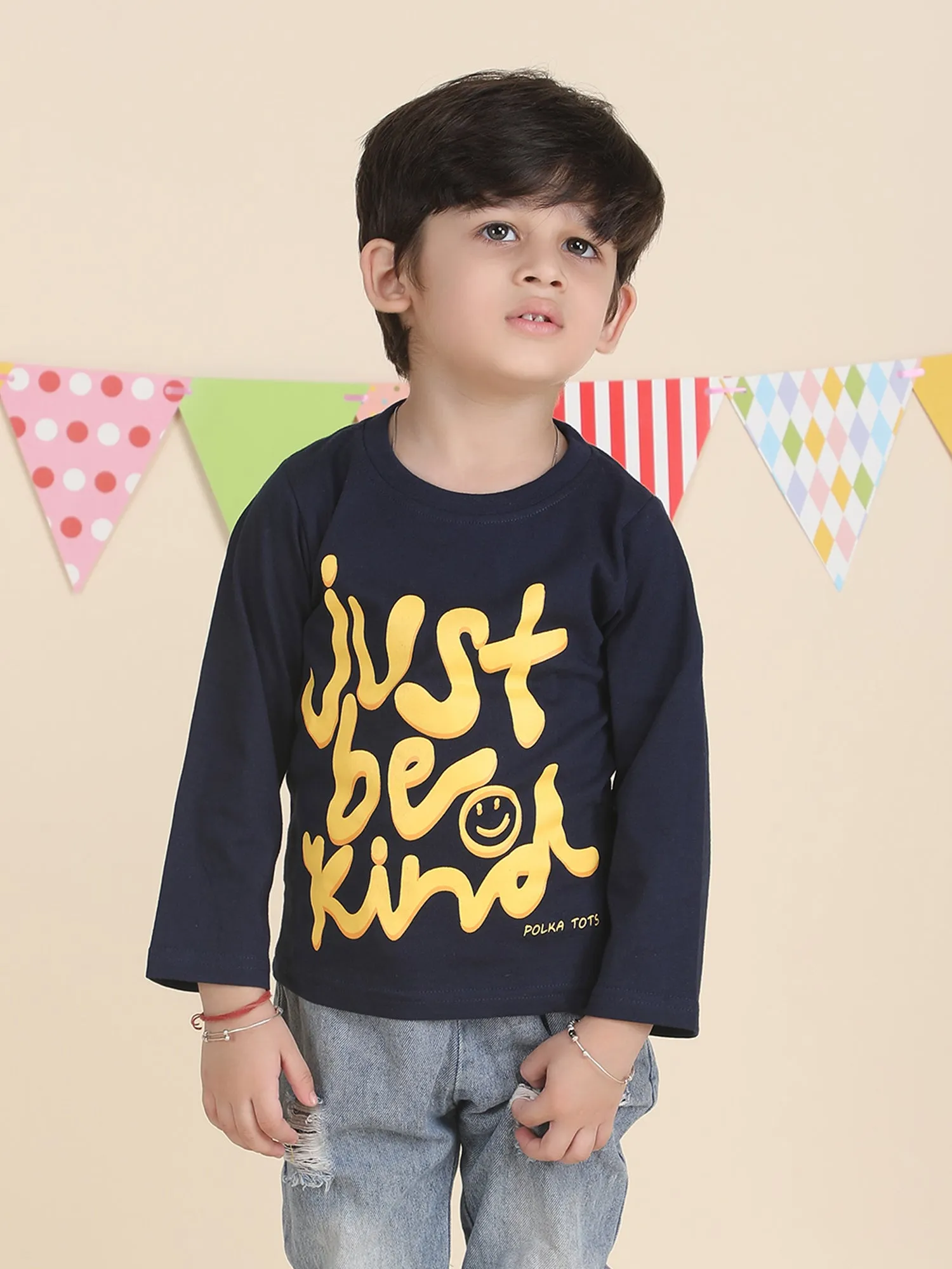 Polka Tots Full Sleeves Just be Kind print T-shirt - Blue