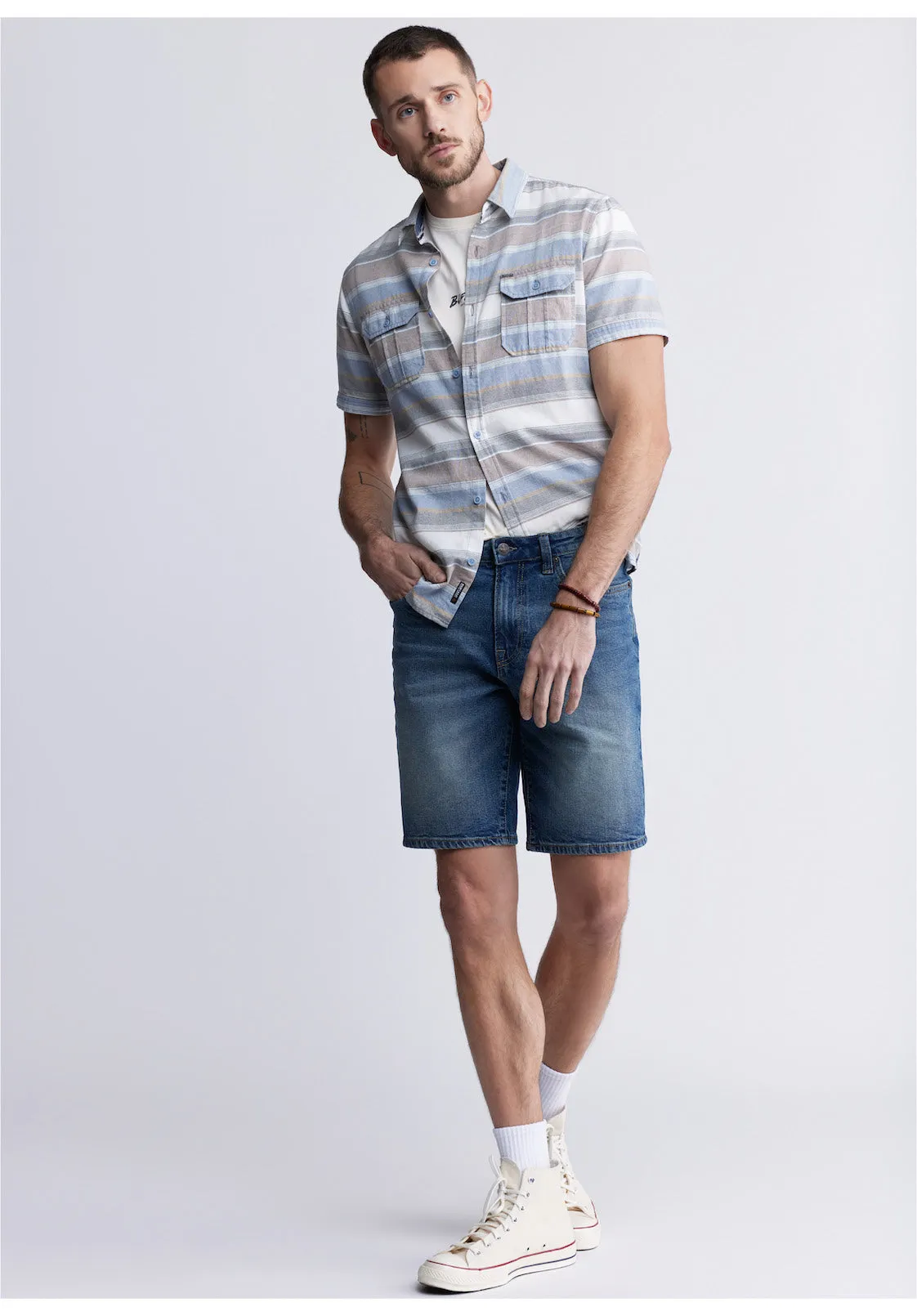 Relaxed Straight Dean Men's Denim Shorts in Vintage and Contrasted Blue - BM22968