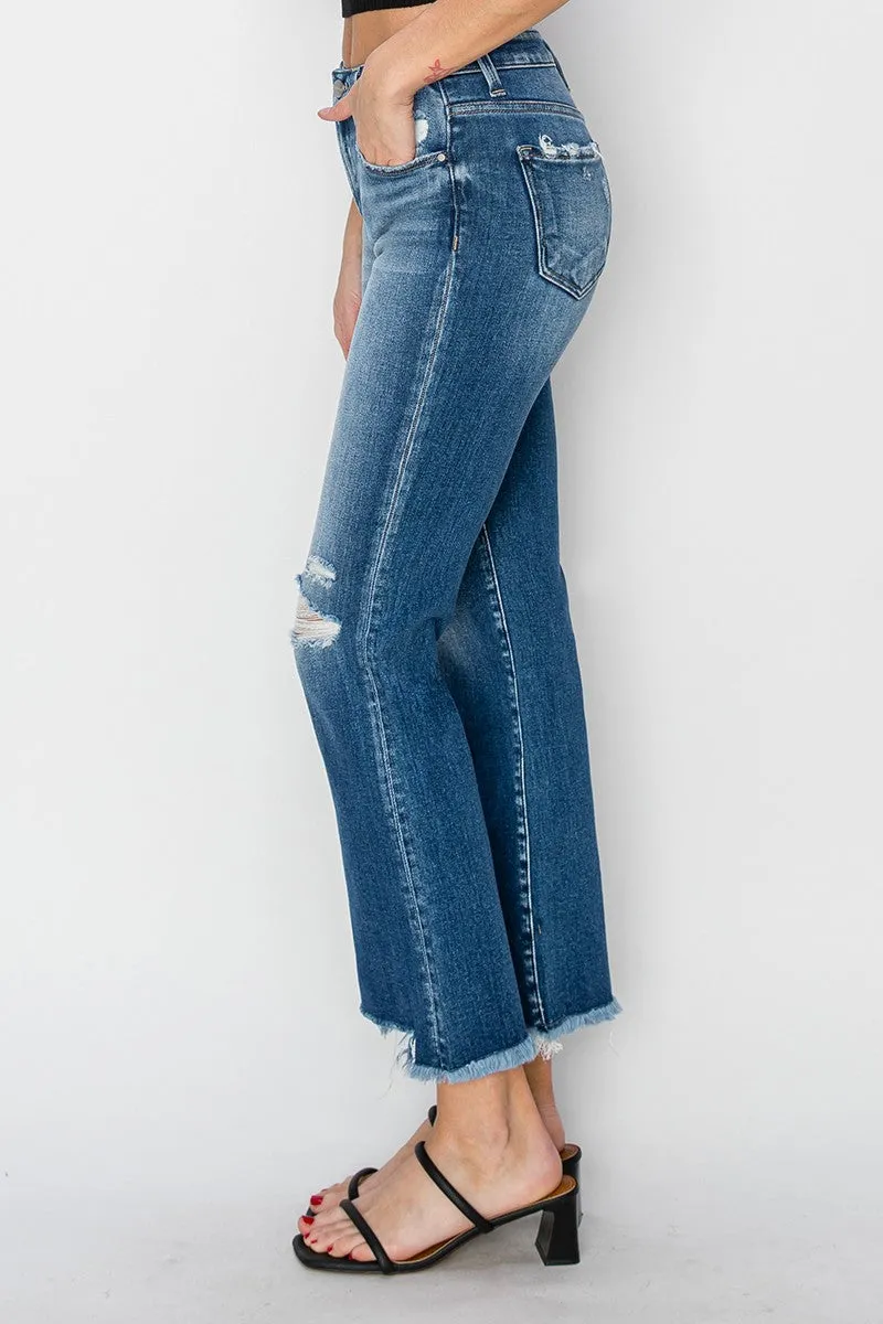 Risen: Mid Rise Frayed Straight Jeans