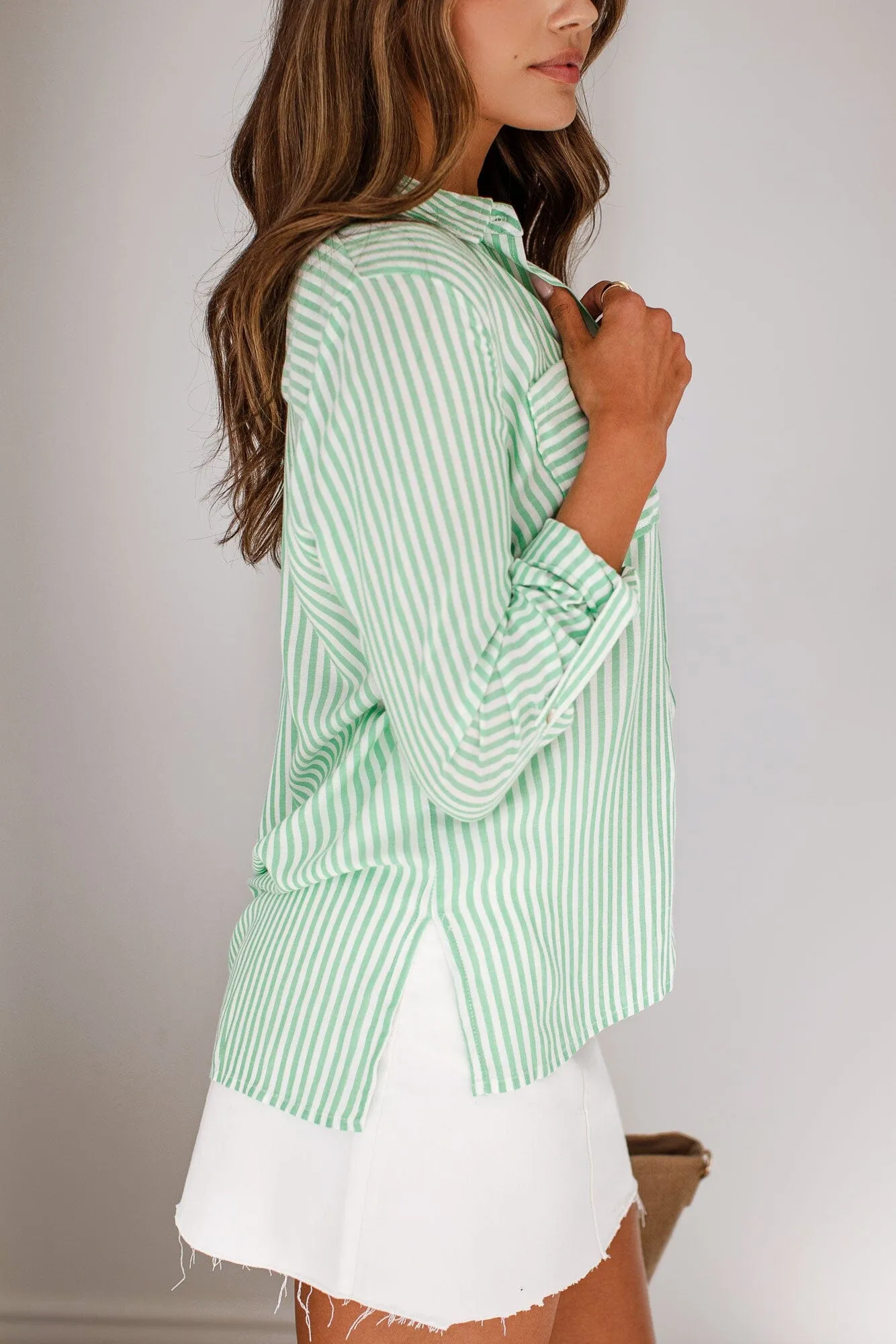 Silas Green Striped Button Down Top