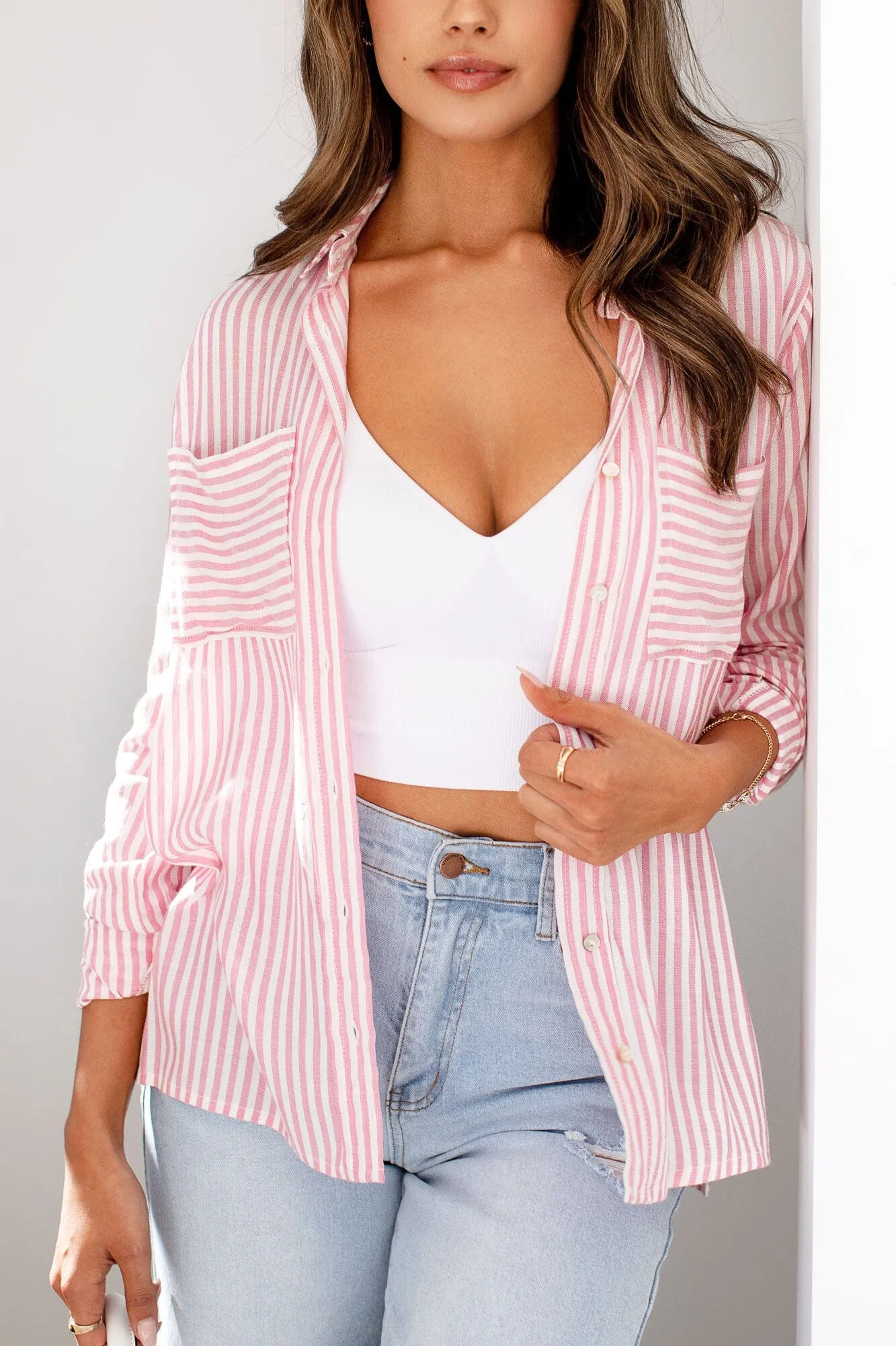 Silas Pink Striped Button Down Top