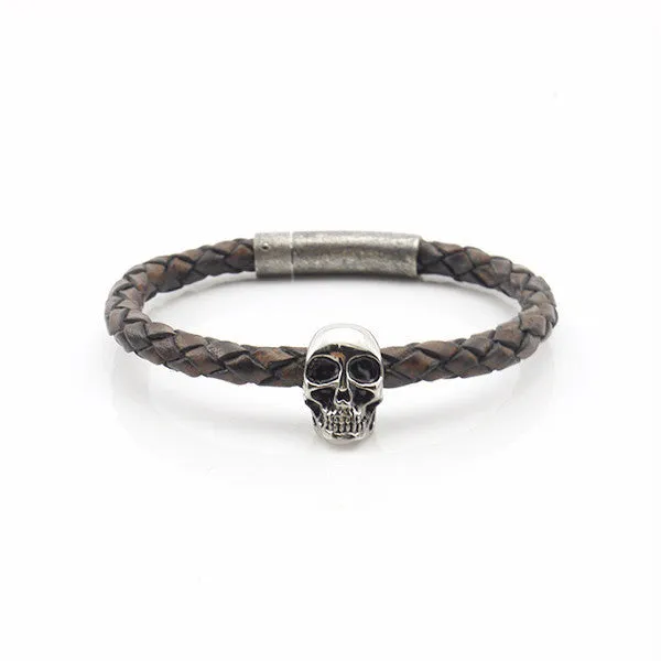 Skull Brown Woven Leather Bracelet with Rushy Clasp