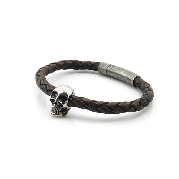 Skull Brown Woven Leather Bracelet with Rushy Clasp