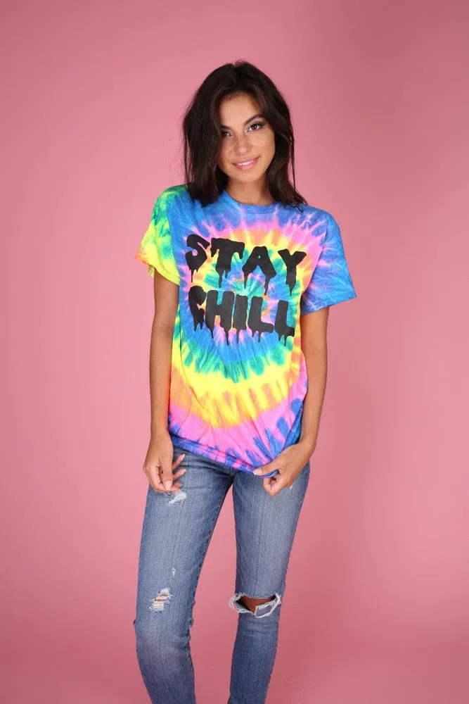 STAY CHILL Neon Rainbow Tie-Dye Graphic Unisex Tee