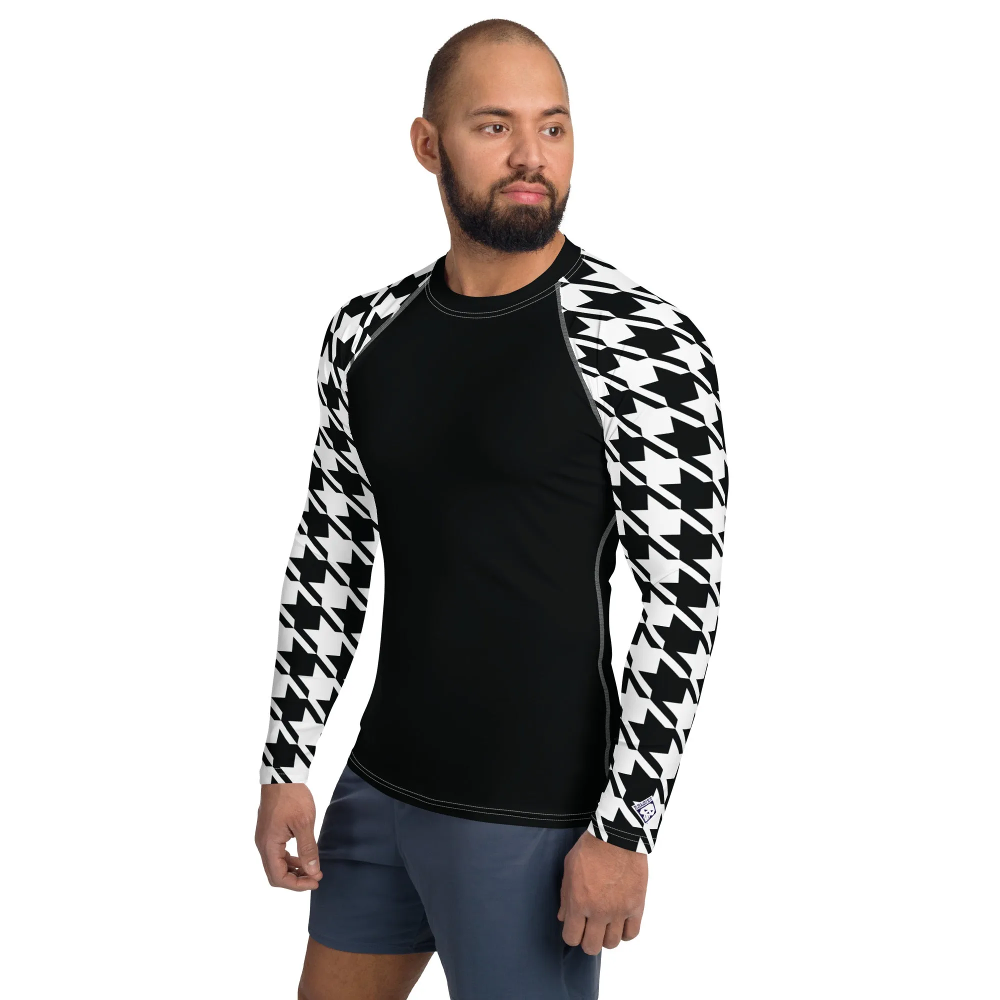 Stylish Strength: Men's Houndstooth BJJ Long Sleeve Compression Top Noir