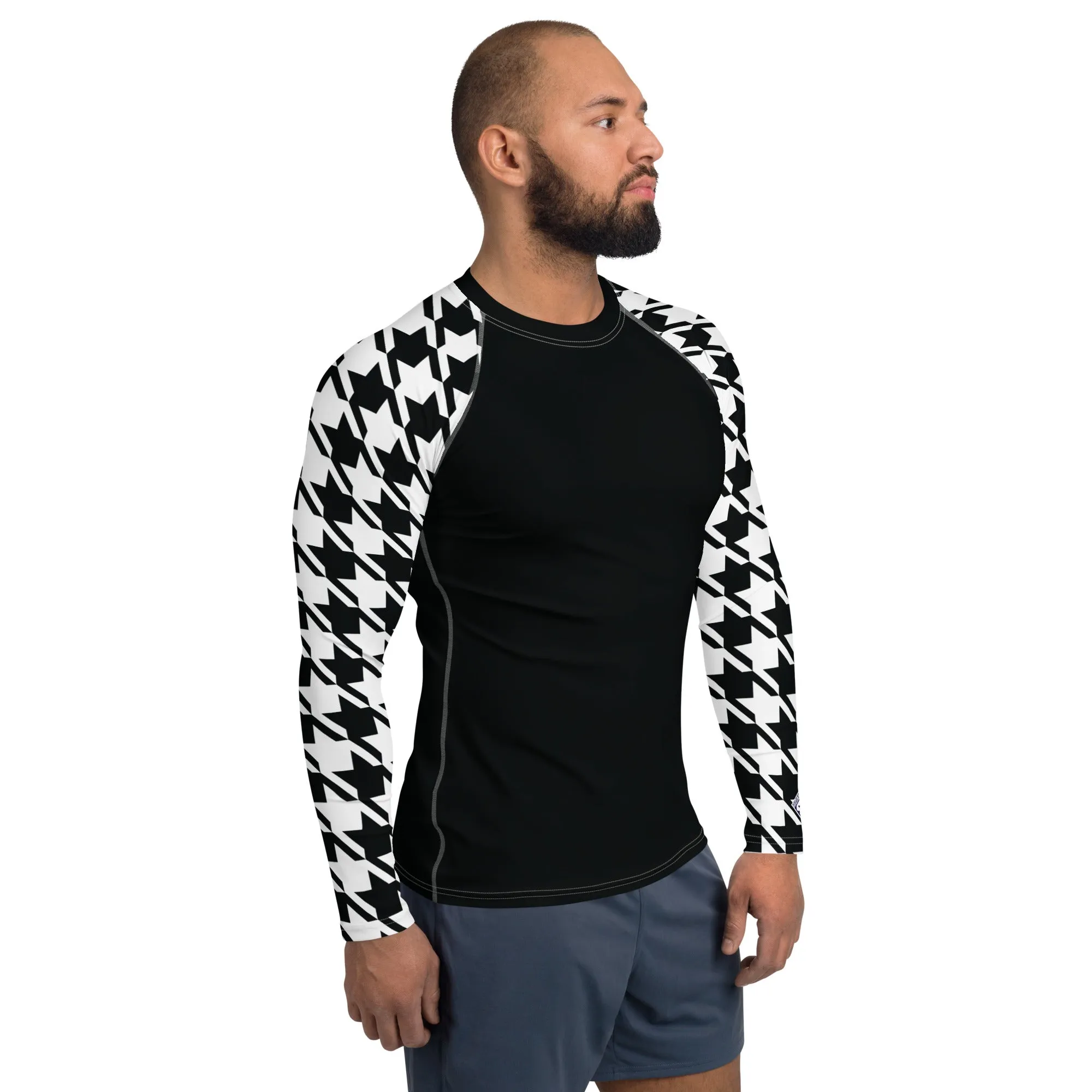 Stylish Strength: Men's Houndstooth BJJ Long Sleeve Compression Top Noir