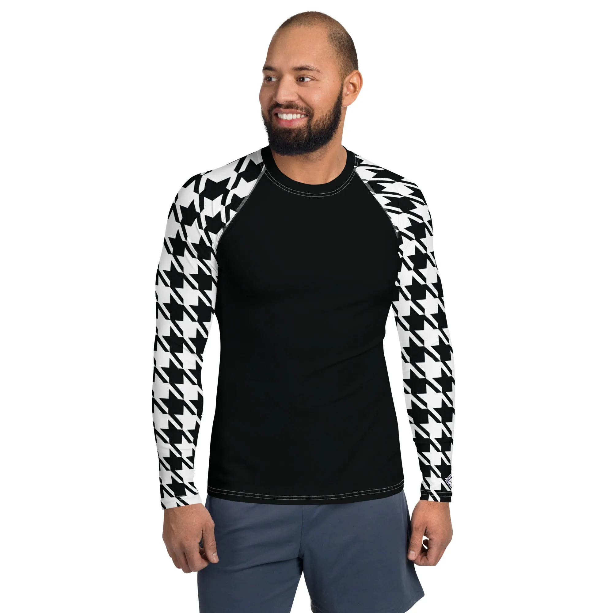 Stylish Strength: Men's Houndstooth BJJ Long Sleeve Compression Top Noir