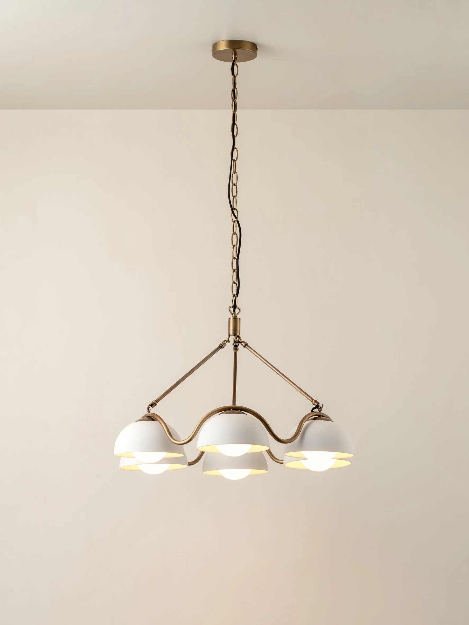 Waverly - 6 light aged brass and white porcelain pendant